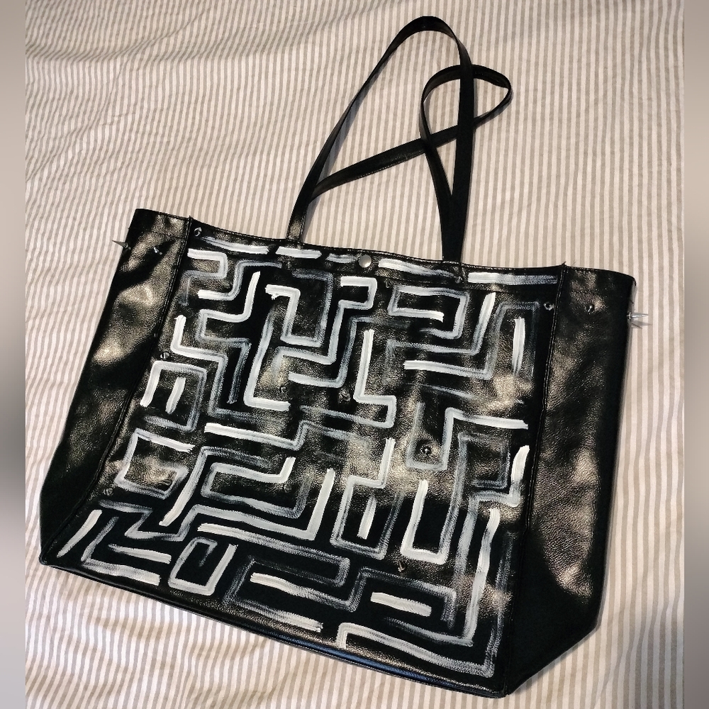 Handpainted Black Pleather Spike Tote